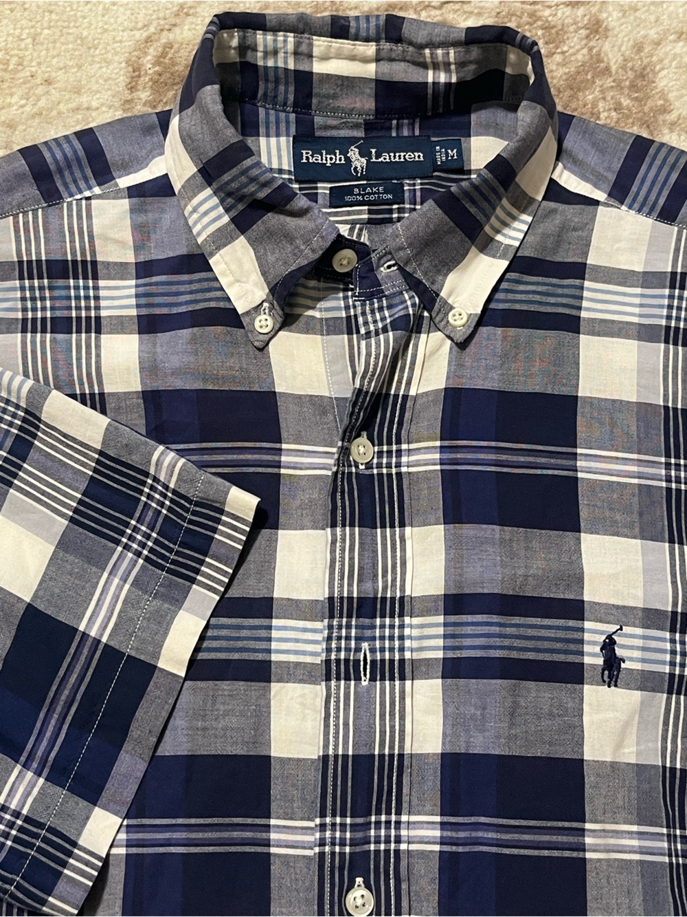 Vintage Ralph Lauren Blake Mens Medium Blue White Plaid Short Sleeve Shirt M